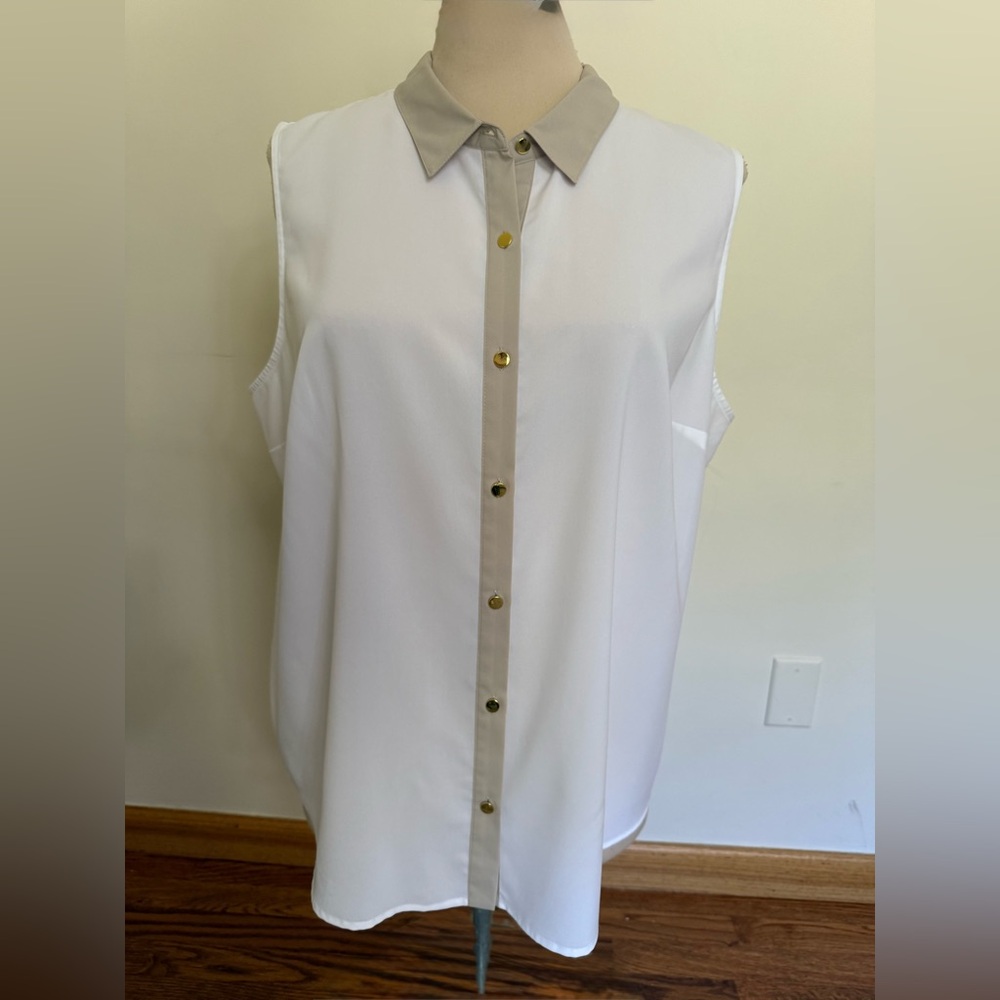 Calvin Klein Sleeveless White Blouse with beige trim #146
